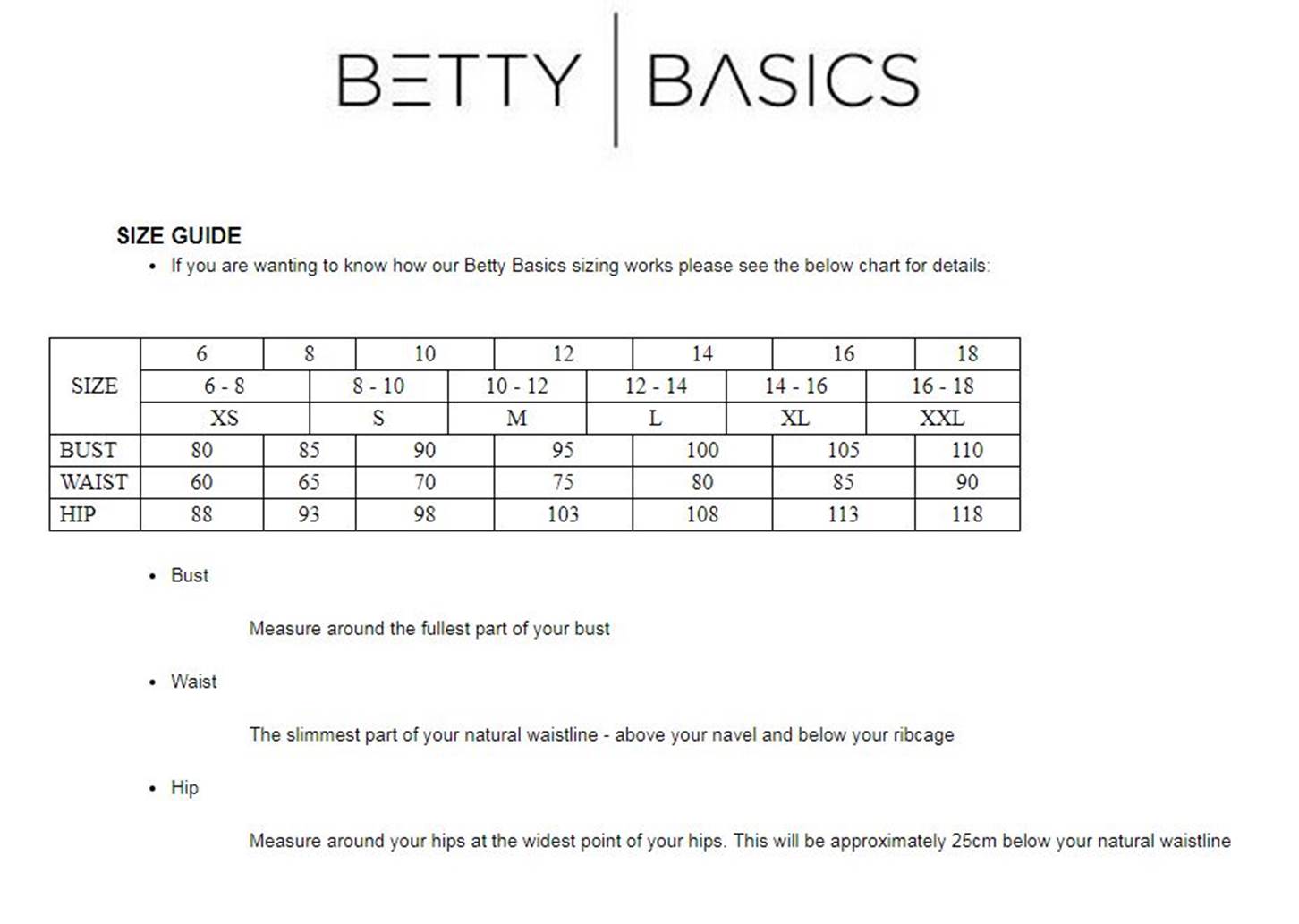 betty basics size chart