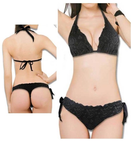 G String Bikini Bathers Swimwear Sexy Thong Halter Sz 8 10 12 Women Black Lace