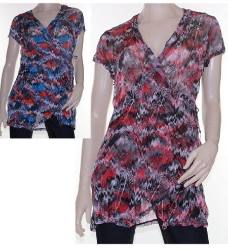Sz 10 12 14 16 18 20 Women EVERSUN Blue Red Crinkle Tunic Blouse Top Abstract