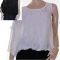 Sz 10 12 14 16 Womens White Black Diamante Blouse Top One Sleeve Sheer Lined
