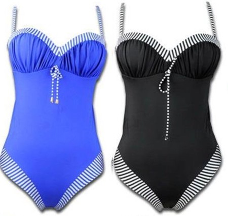 Sz 10 12 14 Black White Blue Stripe One Piece Bather Swimwear Swimsuit Mature