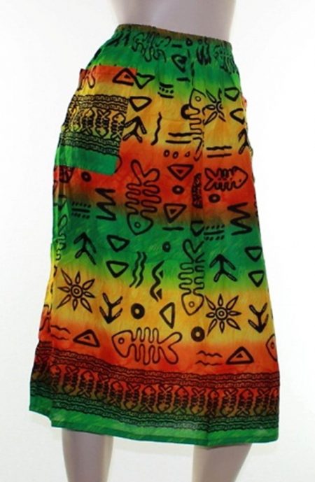 Sz 16 Green Orange  Beach Casual Skirt Plus Multi Coloured Bright Sun Tribal