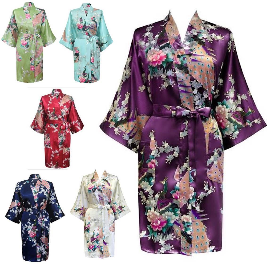 Wholesale Robe Kimono Bulk Lot X 5 Short Peacock Satin Bath Bridesmaid Wedding